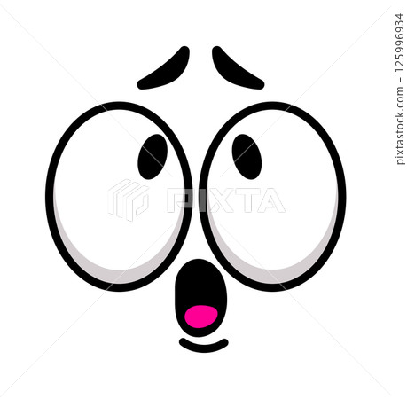 Cartoon illustration of a surprised face showing shock and fear with wide opened eyes and raised eyebrows, expressing worry and anxiety, ideal for social media communication 125996934