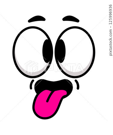 Cartoon face sticking its tongue out with big googly eyes making a funny and silly facial expression of surprise or excitement, ideal for conveying playful emotions 125996936