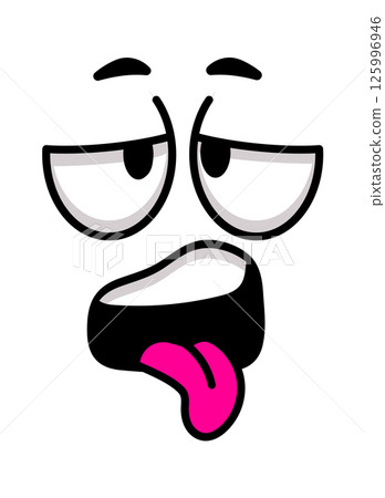 Funny cartoon face sticking out its tongue, featuring half closed eyes that convey feelings of disgust, boredom, or silliness, all set against a clean white background 125996946