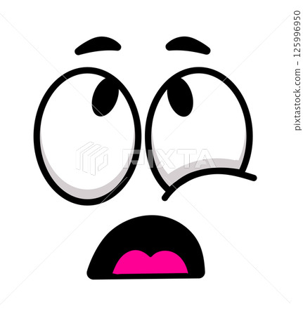 Cartoon face showing surprise and fear, with wide open eyes and mouth, creating a funny and expressive emoticon conveying shock and astonishment Cartoon face showing surprise and fear, with wide open eyes and mouth, creating a funny and expressive emoticon conveying shock and astonishment 125996950