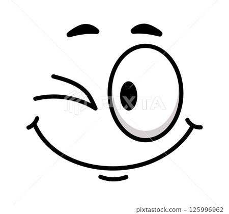Winking cartoon face featuring a large eye and a broad smile, radiating happiness and joy against a clean white background, capturing a playful and cheerful emotion 125996962