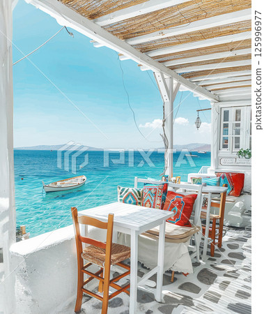 A cozy cafe on the Greek island of Mykonos. summer vacation advertising background 125996977