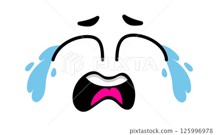 Cartoon crying face with big blue tears falling from eyes and open mouth expressing sadness and despair, isolated vector illustration on white background 125996978