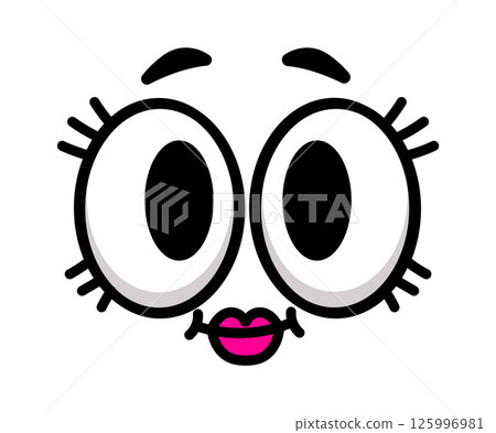 Cartoon face with wide open eyes, raised eyebrows, long eyelashes and small pink lips, expressing surprise or amazement, isolated on white background 125996981