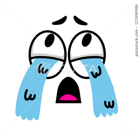 Cartoon face is crying with big tears falling from its eyes, expressing deep sadness and despair, creating a relatable image of emotional distress 125996986