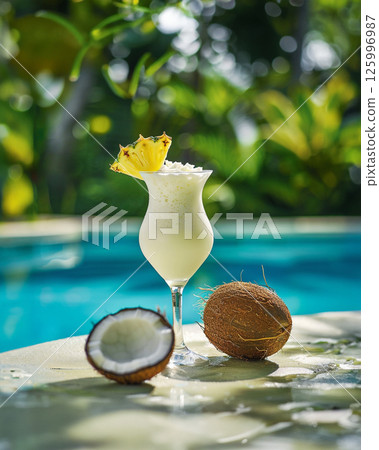 Pina Colada cocktail on the beach with coconut and exotic flower 125996987