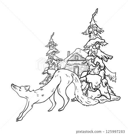 Fox near snowy fir trees and forest hut hand drawn black white outline vector illustration. Cozy woodland scene monochrome sketch for holiday stationery, rustic prints, and winter greeting cards. Fox near snowy fir trees and forest hut hand drawn black white outline vector illustration. Cozy woodland scene monochrome sketch for holiday stationery, rustic prints, and winter greeting cards. 125997283