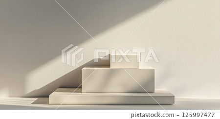 Minimalist White Product Display Stand with Soft Sunlight Minimalist White Product Display Stand with Soft Sunlight 125997477