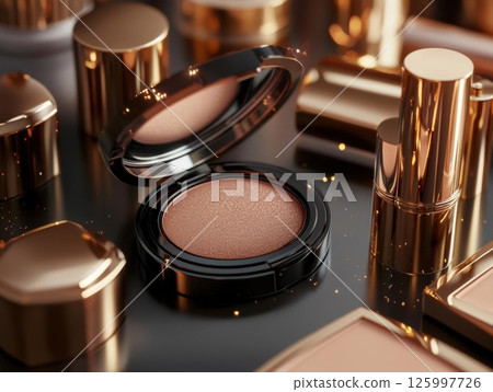 Luxe Beauty Essentials: A Close-Up of Golden Makeup Products 125997726