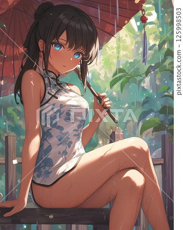 A woman wearing a Chinese dress on a rainy day A woman wearing a Chinese dress on a rainy day 125998503