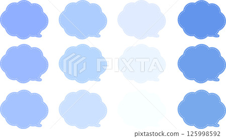 一組淡紫色和藍色的各種色調的氣泡。對話框內有一條白色虛線。對話框的尾部位於右下方。 125998592