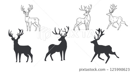 Deer hand drawn black white outline vector set illustration. Woodland animals reindeer with antlers monochrome sketch for winter and Christmas designs. Wild doe stag silhouette for seasonal cards. Deer hand drawn black white outline vector set illustration. Woodland animals reindeer with antlers monochrome sketch for winter and Christmas designs. Wild doe stag silhouette for seasonal cards. 125998623