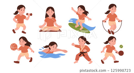Vector Cartoon Active Girl Doing Various Sports Activities, Kids Fitness Illustrations Set. Child Exercise Clipart, - Swimming, Yoga, Basketball, Martial Arts, Fitness Workout, Tennis and Surfing 125998723