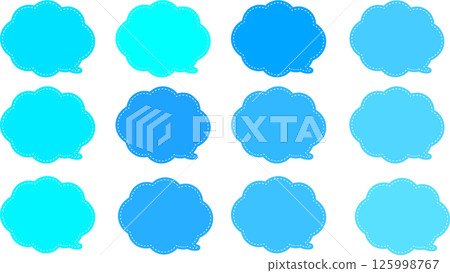 A set of blue cloud-shaped speech bubbles. There is a white dashed line inside the speech bubble. The tail of the speech bubble is at the bottom right. 125998767