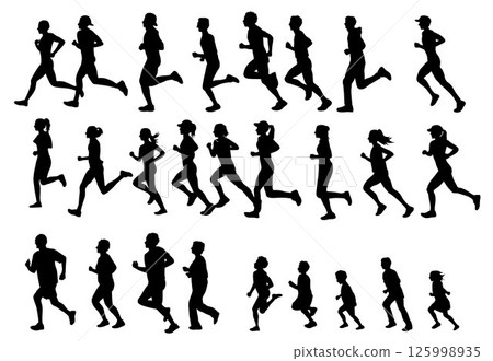 Running people silhouette, people of all ages are jogging, Run, Senior, kids running Running people silhouette, people of all ages are jogging, Run, Senior, kids running 125998935
