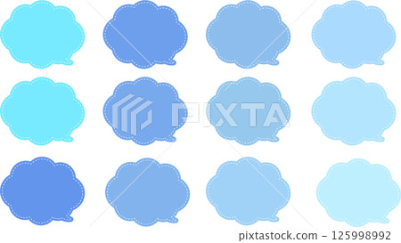 Various shades of blue. A set of cloud-shaped speech bubbles. There is a white dashed line inside the speech bubble. The tail of the speech bubble is at the bottom right. 125998992