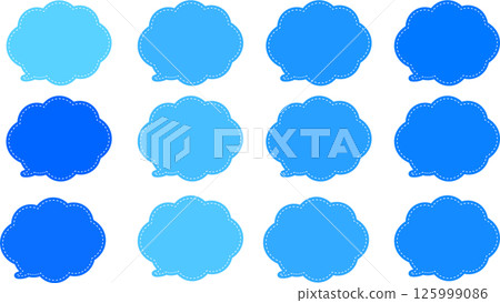 A set of cloud-shaped speech bubbles. Lots of blue colors. White dashed lines inside the speech bubbles. The tail of the speech bubble is on the bottom left. A set of cloud-shaped speech bubbles. Lots of blue colors. White dashed lines inside the speech bubbles. The tail of the speech bubble is on the bottom left. 125999086