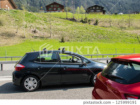 Cars stay in traffic jam on the road with mountains and forest in Switzerland. 125999191