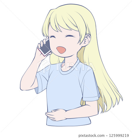 Blonde young woman making a phone call on her smartphone, smiling 125999219