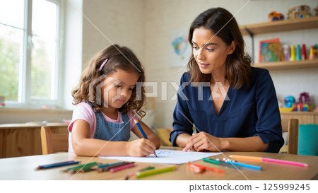 Child in Art Therapy, Drawing Emotions with Therapist Support 125999245