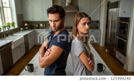 Toxic Couple Arguing in Kitchen, Silent Tension and Emotional Distance 125999246