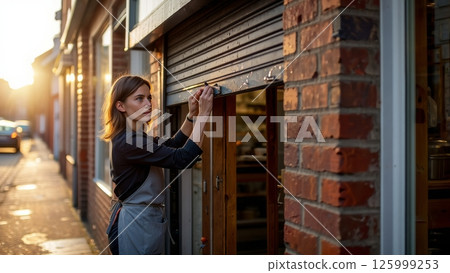 Woman in Apron Opening Storefront Shutters at Sunrise Woman in Apron Opening Storefront Shutters at Sunrise 125999253
