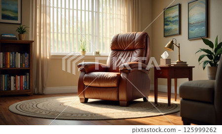 Therapist Office with Empty Chair, Symbolic Scene of Healing Space 125999262