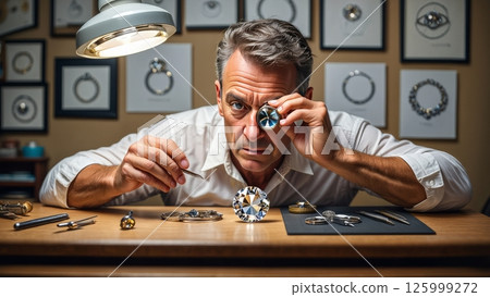 Jeweler Using Loupe to Inspect Diamond in Small Workshop 125999272