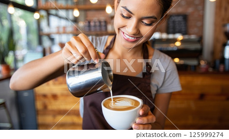 Young Female Barista Pouring Latte Art in Cozy Cafe 125999274