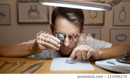Jeweler Using Loupe to Inspect Diamond in Small Workshop 125999279