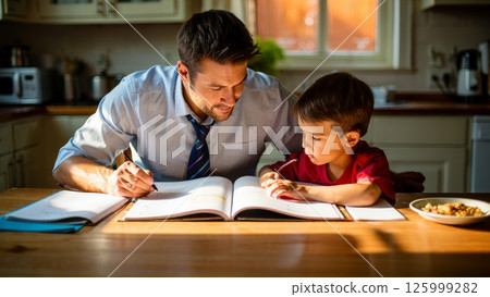 Dad Helping Son with Homework at Kitchen Table After Work Dad Helping Son with Homework at Kitchen Table After Work 125999282