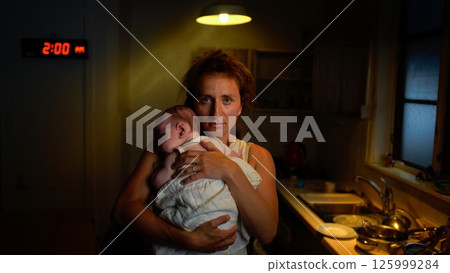 Exhausted Mother Holding Baby in Dimly Lit Kitchen at Midnight Exhausted Mother Holding Baby in Dimly Lit Kitchen at Midnight 125999284