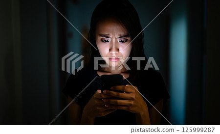 Angry Texting, Woman Reading Hurtful Message from Partner 125999287
