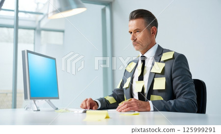 Corporate Worker Staring Blankly at Monitor, Surrounded by Post Its 125999291
