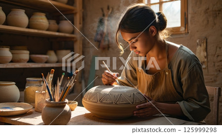 Craftsperson Hand Painting Pottery in Studio Workshop Craftsperson Hand Painting Pottery in Studio Workshop 125999298
