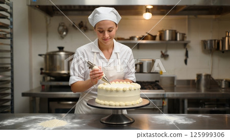 Baker Decorating Cake in Artisan Bakery Kitchen 125999306