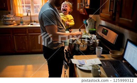 Parent Holding Screaming Toddler While Stirring Pot on Stove Parent Holding Screaming Toddler While Stirring Pot on Stove 125999312