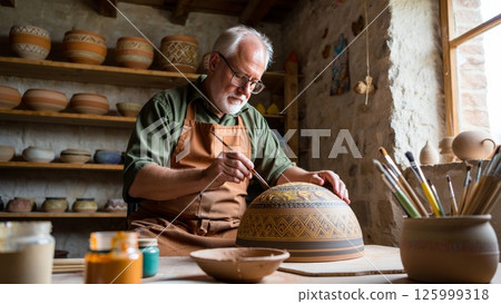 Craftsperson Hand Painting Pottery in Studio Workshop 125999318