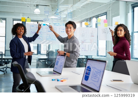 Tech Startup Founders Brainstorming on Glass Wall in Shared Office 125999319