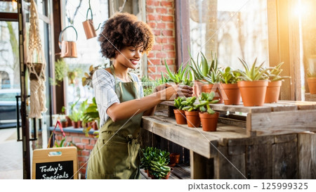 Mini Plant Shop Owner Arranging Succulents on Display Table 125999325
