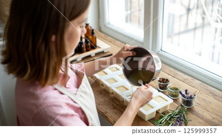 Woman Pouring Handmade Soap into Molds in Natural Light Woman Pouring Handmade Soap into Molds in Natural Light 125999357