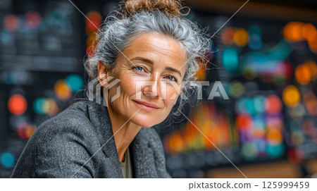 Middle aged businesswoman in suit sitting at table negotiating with business partners 125999459