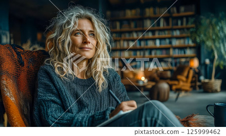 A professional psychologist sits in therapy with a patient, listening attentively and taking notes in a notebook 125999462