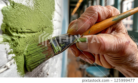 A painter's hand holds a brush and paints a wall in a room green 125999477