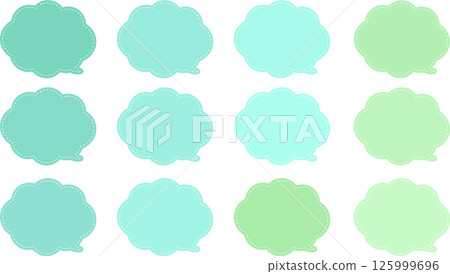 A speech bubble with green and light blue variations. Cloud shape. There is a white dashed line inside the speech bubble. The tail of the speech bubble is at the bottom right. 125999696