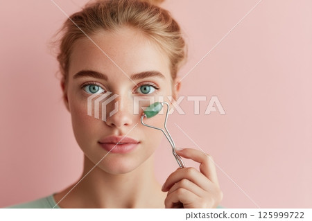A woman enhances her skincare routine with a jade roller promoting relaxation and lifting effects. 125999722