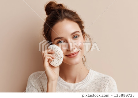 Gentle facial cleansing action with konjac sponge home beauty routine natural close-up skincare 125999723