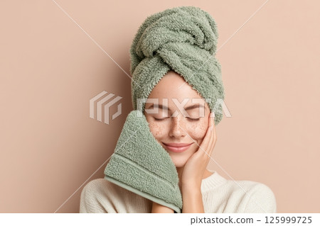 A serene moment of a woman drying her face with a soft towel emphasizing gentle skincare in a calming environment. 125999725