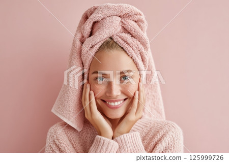 Cozy bathroom portrait woman's gentle skincare routine for a relaxing atmosphere 125999726