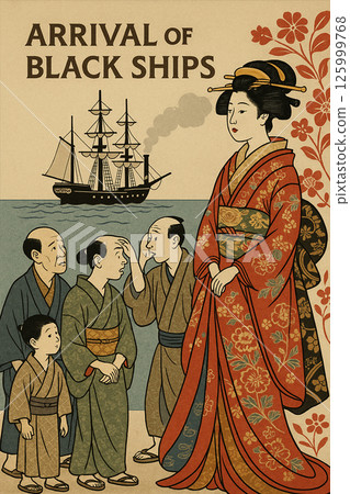 黑船抵達——浮世繪風格的插圖，描繪了江戶人和他們對異國的震驚 125999768